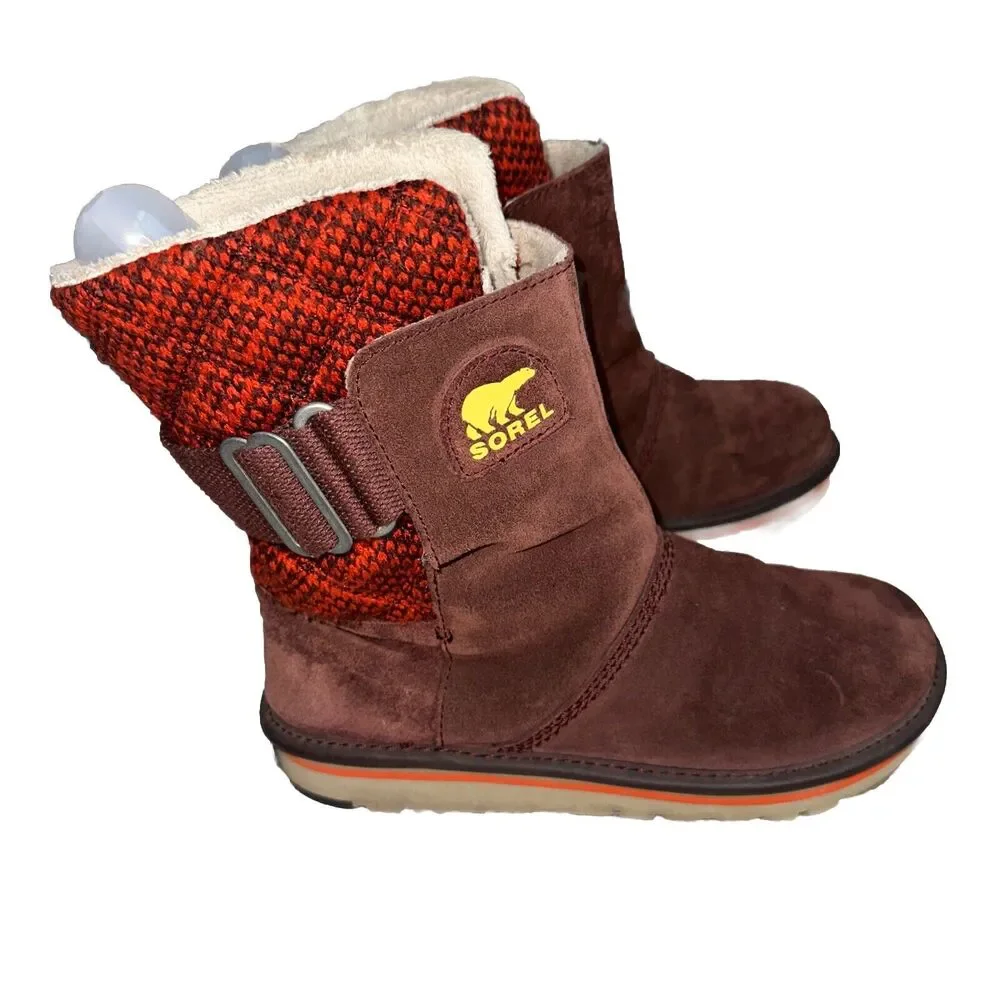 SOREL NL2070-259 Newbie Suede & Fabric Boot 6.5 Burgundy Red Yellow Logo Mid